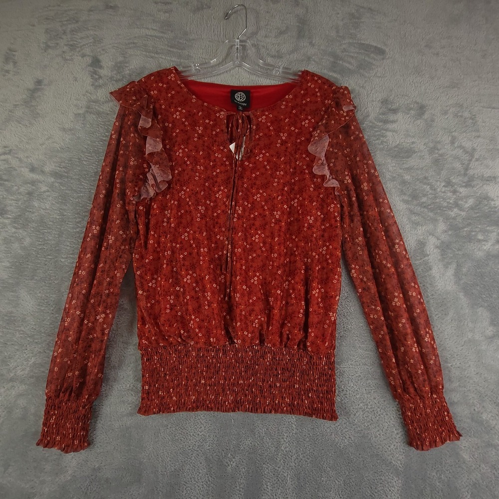 Bobeau Shirt Womens Peasant Blouse Red Floral Smocked Ruffles Boho S New
